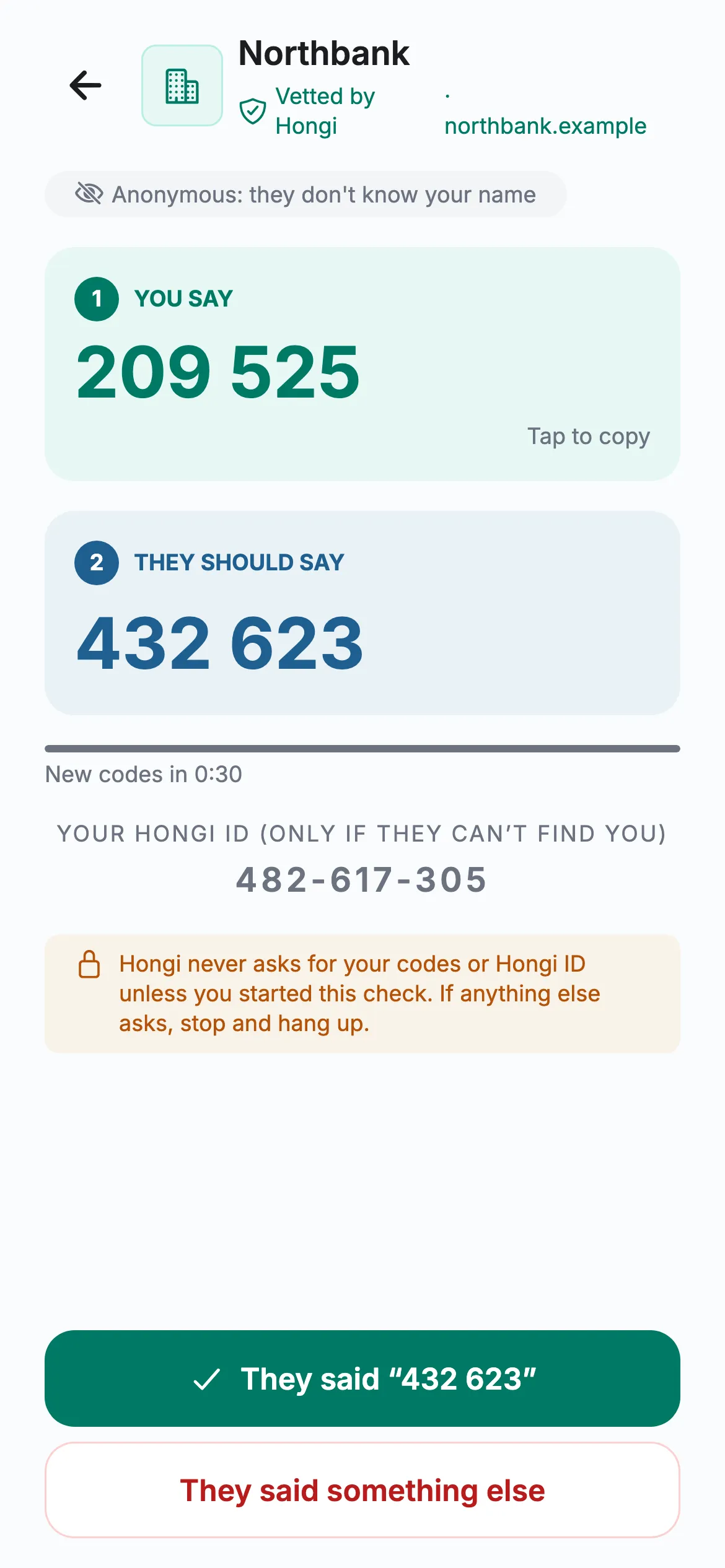 The Hongi app during a check with Northbank: You say 209 525, they should say 432 623.