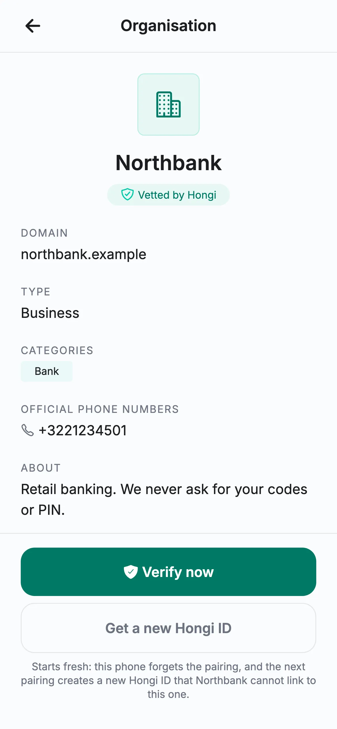 An organisation’s page in the Hongi app: Northbank, vetted by Hongi.