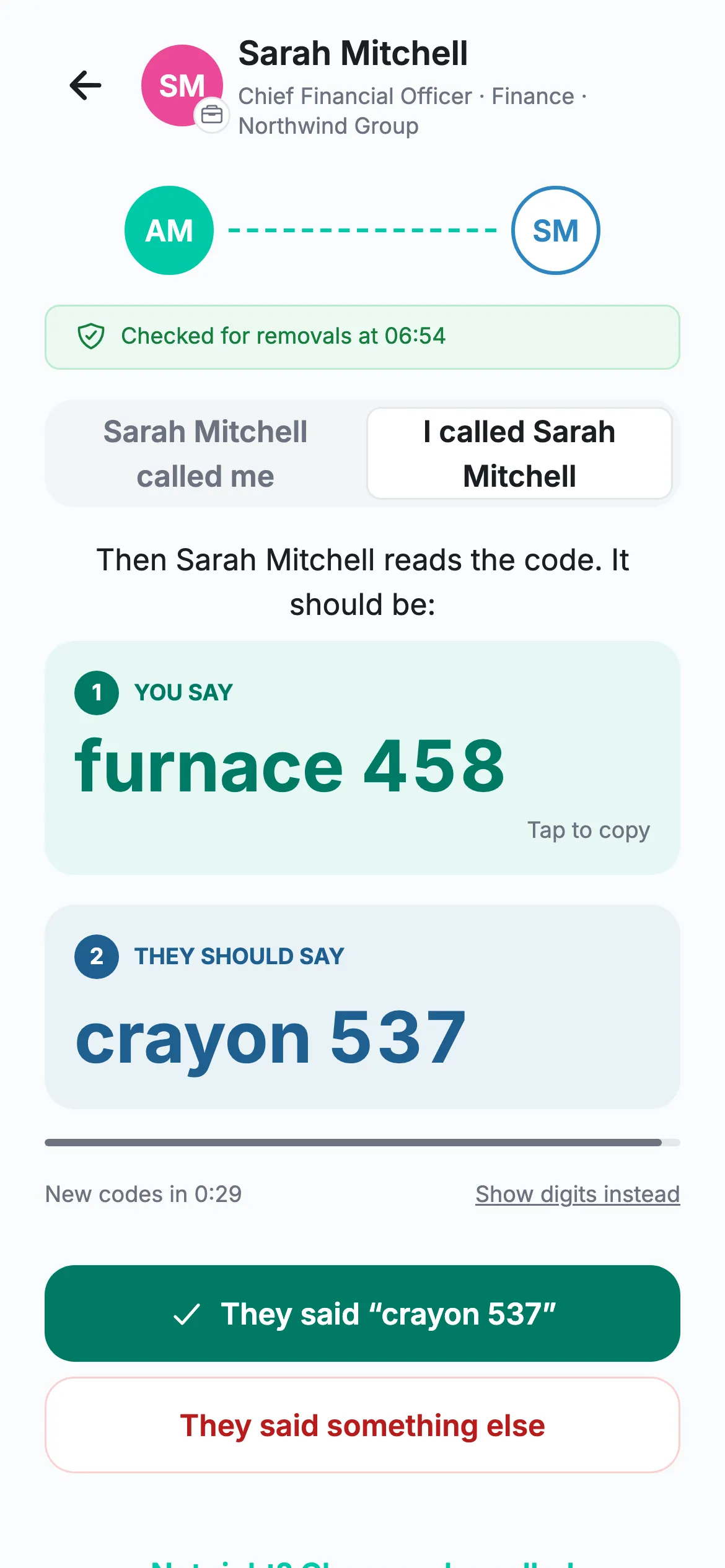 Checking Sarah Mitchell, CFO: you say furnace 458, she should say crayon 537.